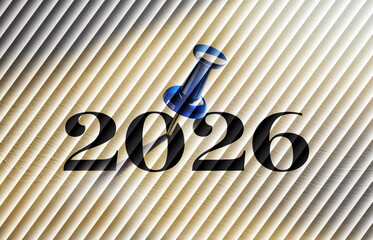 Blue pin marks year 2026 on bright striped paper — modern abstract calendar theme featuring clean light waves and futuristic layered motion style