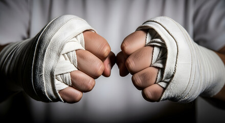 Boxer's hands wrapped in protective bandages ready for fight, powerful stance, intense preparation