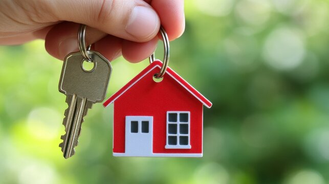 Hand holding house-shaped keychain with keys