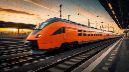 Naklejka premium High-speed orange train speeding through a station at sunset, motion blur effect.