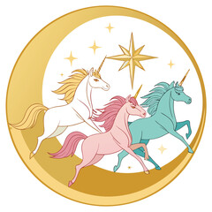 Three colorful unicorns gallop across a golden crescent moon with stars.