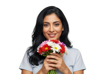 Beautiful Woman Holding Colorful Bouquet Isolated on White