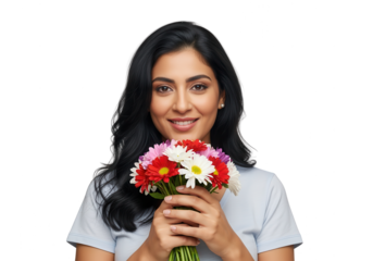Beautiful Woman Holding Colorful Bouquet Isolated on White