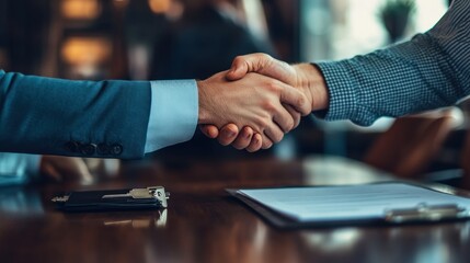 Close-up of two people shaking hands over documents (1)