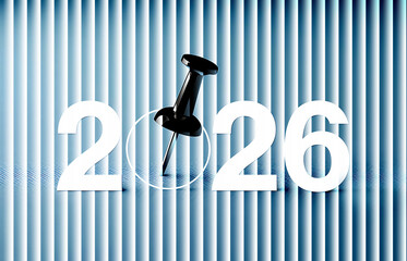 Black pin marks year 2026 on luminous striped paper — modern abstract calendar design featuring glowing futuristic light waves and smooth layered motion style