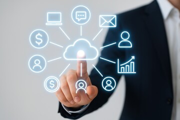 Businessman Touching Virtual Cloud Icons Representing Digital Communication and Data Connectivity