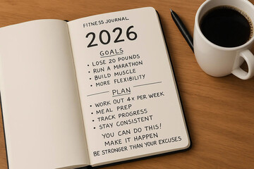  Fitness journal open to 2026 goal page with handwritten notes motivational planning on desk coffee cup personal development theme