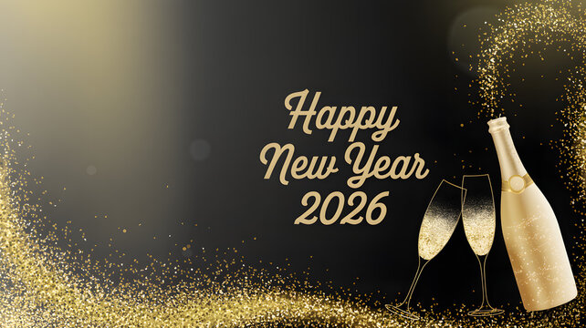 card or banner to wish a happy new year 2026 in gold with glitter all around on a gradient black background
