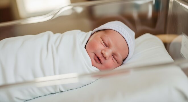 Newborn baby sleeping peacefully in hospital bassinet
