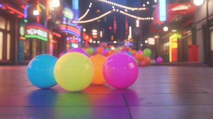 Colorful balls on a city street at night