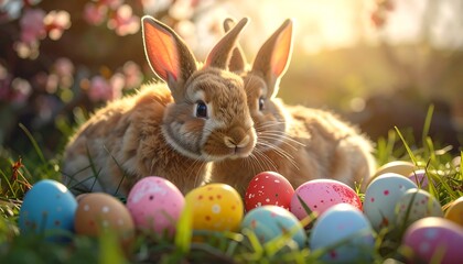 Two brown rabbits nestled amongst colorful Easter eggs in a sunlit garden