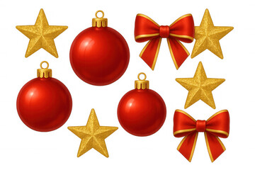 Christmas holiday decorations with glittering golden stars, shiny red baubles, and festive ribbon bows on transparent background