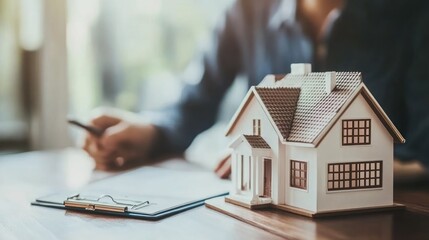 Person reviewing documents, miniature house