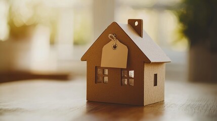 Cardboard house model with price tag on a wooden table