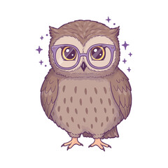 Cute owl wearing glasses cartoon vector illustration isolated on white background for graphic design and childrens content