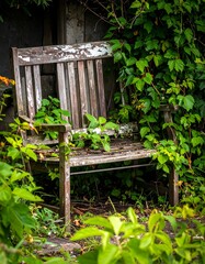 Wooden bench overgrown with greenery