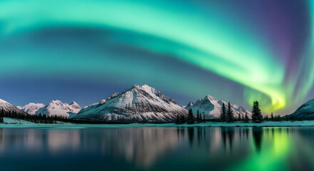 Stunning aurora borealis illuminates snow-capped mountains reflected in the tranquil lake at night offering peaceful winter escape