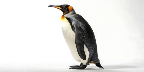 Fototapeta premium Majestic king penguin stands tall against a clean white background showcasing its distinctive plumage and elegant stance