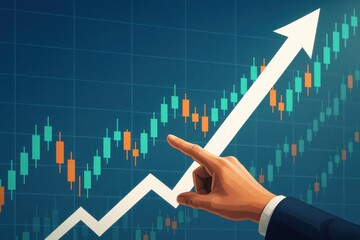 Business Growth Concept with Hand Pointing at Increasing Graph and Candlestick Chart Demonstrating Success