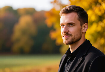 Obraz premium Outdoor autumn portrait of a handsome man with short light brown hair and trimmed beard, wearing a black jacket, standing in a sunlit field with golden foliage in the background.
