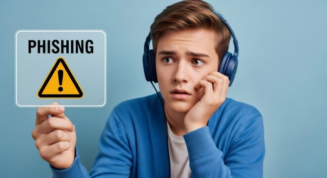 Young boy with headphones looks at phishing warning sign. Understanding cybercrime and data theft. Computer protection concept.