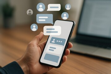 Person Holding Smartphone with Messaging Interface and Chat Bubbles on Wooden Desk Near Laptop