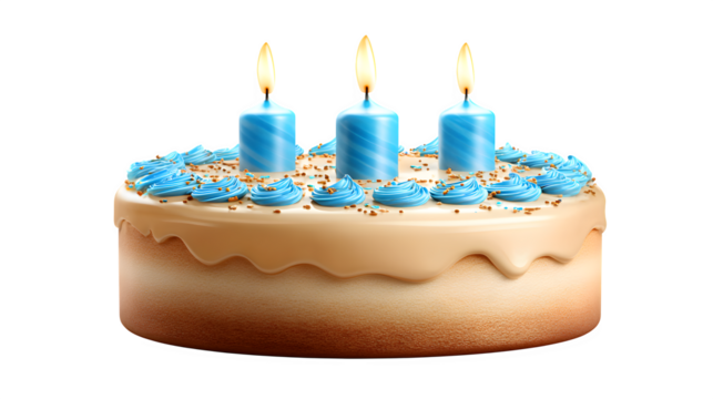 Birthday cake with three lit candles, isolated on transparent background