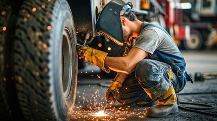 Mechanic welding a large tire