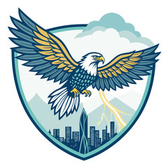 An eagle soaring over a city skyline with lightning strikes.