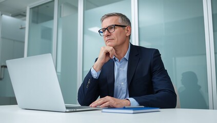 businessman office laptop serious corporate worker wearing glasses at desk