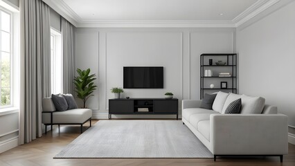 Serene Ash Gray Living Room With Minimalist Decor, Sleek Black Accents, Soft Cozy Textures, Contemporary Neutral Palette, And Elegant Modern Interior For Relaxed Stylish Comfort