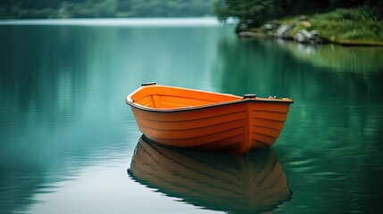 Orange boat floating on calm turquoise water 