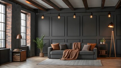 Modern Charcoal And Copper Living Room With Industrial Lighting, Exposed Wooden Beams, Cozy Warm Throws, Contemporary Loft Style, And Inviting Industrial Chic Interior Design