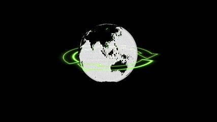 Rotating 3D globe with green neon arrows on black background illustrating global connections. 3D globe with green neon arrows rotating around it on black background showing earth world view. - Powered by Adobe