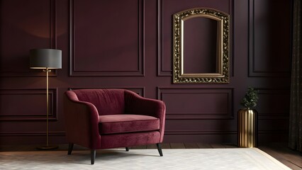 Luxurious Deep Burgundy Living Room With Plush Velvet Armchair, Ornate Gilded Mirror, Rich Moody Atmosphere, Elegant Classic Accents, And Sophisticated Timeless Interior Style