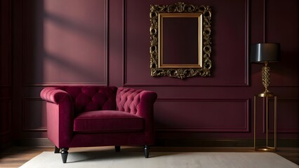 Luxurious Deep Burgundy Living Room With Plush Velvet Armchair, Ornate Gilded Mirror, Rich Moody Atmosphere, Elegant Classic Accents, And Sophisticated Timeless Interior Style