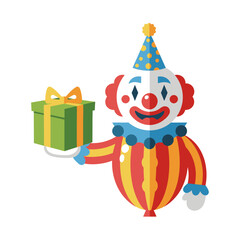 Naklejka premium Clown Holding Gift Box with Striped Costume and Polka Dot Hat.