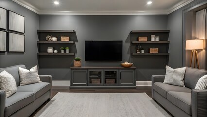 Sophisticated Deep Gray Living Room With Floating Shelves, Monochrome Decor Accents, Warm Cozy Lighting, Modern Minimalist Furniture, And Stylish Contemporary Comfort
