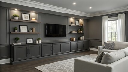 Sophisticated Deep Gray Living Room With Floating Shelves, Monochrome Decor Accents, Warm Cozy Lighting, Modern Minimalist Furniture, And Stylish Contemporary Comfort