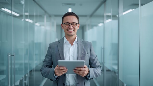man office tablet smiling young man in grey suit standing in bright modern office corridor holding tablet