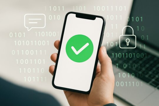Smartphone in Hand Displaying Green Checkmark Symbol with Binary Code for Digital Security and Communication Concepts - Powered by Adobe