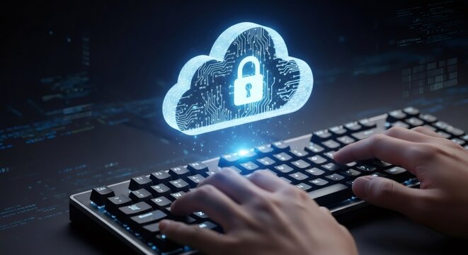 Woman typing on keyboard with a glowing cloud icon. Data protection concept using secure cloud computing. Cybersecurity technology.
