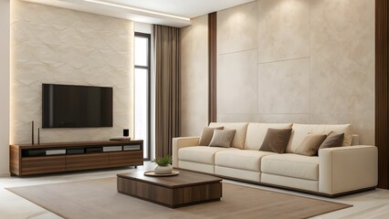 Chic Espresso And Cream Living Room With Modern Furniture, Textured Accent Walls, Cozy Soft Throws, Warm Neutral Palette, And Contemporary Comfort For Stylish Relaxed Ambiance