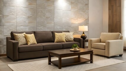 Chic Espresso And Cream Living Room With Modern Furniture, Textured Accent Walls, Cozy Soft Throws, Warm Neutral Palette, And Contemporary Comfort For Stylish Relaxed Ambiance
