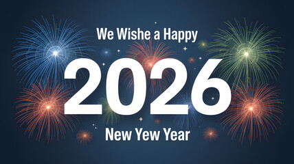 We wish you a Happy New Year 2026 event greeting card design template with light sparkle firework on blue background