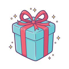 Cartoon illustration of a blue gift box with a red ribbon vector present for birthday or holiday isolated on white background
