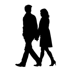 Black silhouette of romantic couple walking and holding hands isolated on transparent background