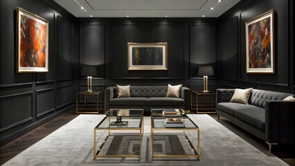 Striking Jet Black Living Room With Bold Artwork, Sleek Glass Tables, Dramatic Statement Lighting, Modern Sophisticated Decor, And Luxe Contemporary Ambiance For Stylish Homes