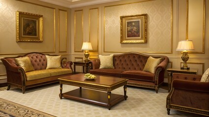 Elegant Mahogany Living Room With Classic Furniture, Gold Accents, Luxurious Rich Textiles, Timeless Traditional Decor, And Warm Sophisticated Ambiance For Refined Home Style
