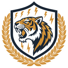 Stylized tiger head on a crest with lightning and laurel wreaths.